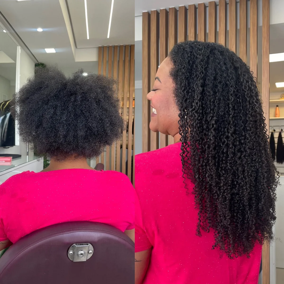 Antes e depois de cabelo crespo curto com extensão cacheada longa e definida