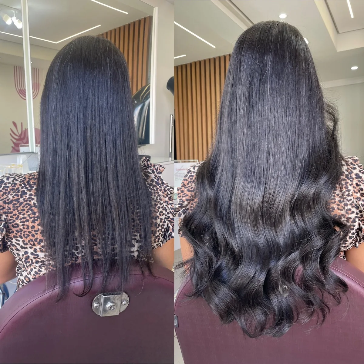 Antes e depois de cabelo escuro liso com extensão longa e ondas largas