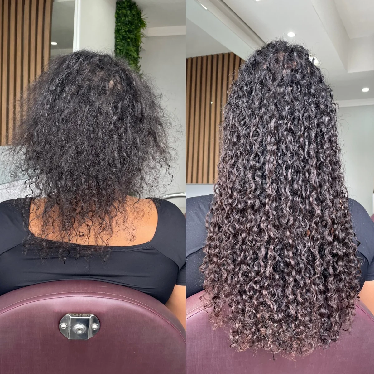 Antes e depois de cabelo cacheado com mais comprimento, volume e definição