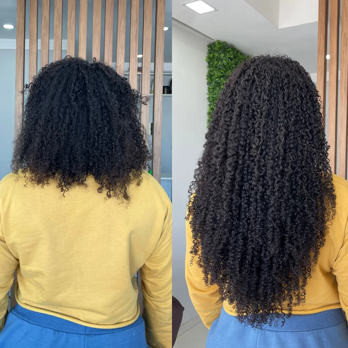 Antes e depois de cabelo crespo com extensão longa e cachos definidos