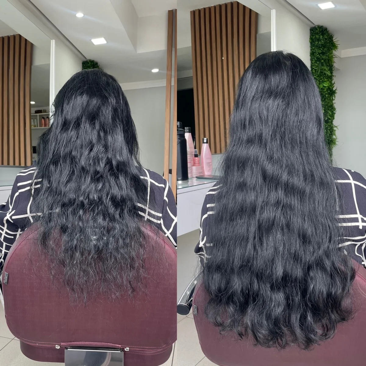 Antes e depois de cabelo escuro ondulado com mais comprimento e volume