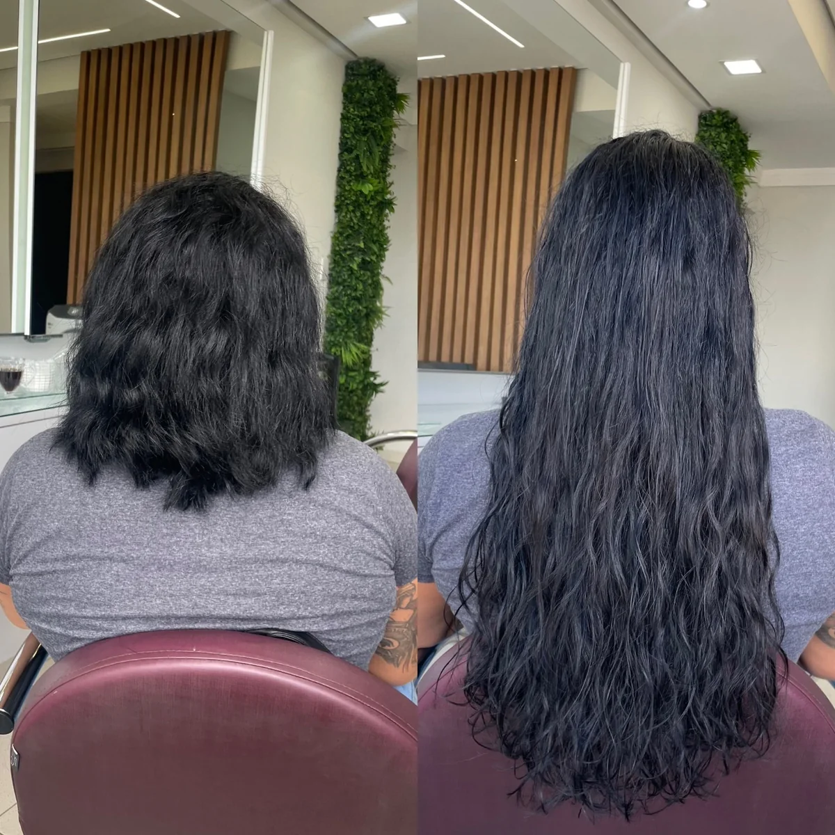Antes e depois de cabelo escuro curto com extensão longa e ondulada