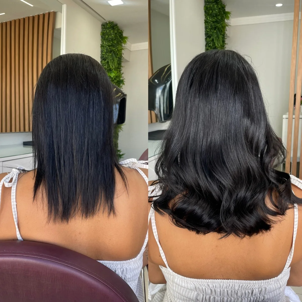 Antes e depois de cabelo liso na altura dos ombros com extensão ondulada